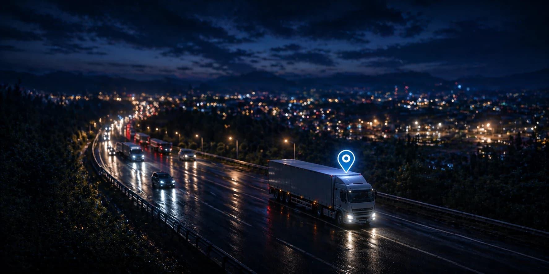 Flota de camiones en carretera ilustrando control operativo y visibilidad logística.