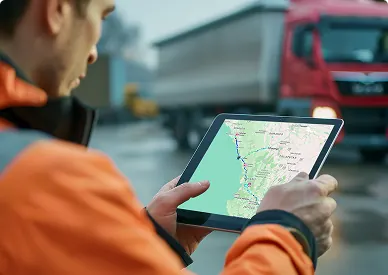 Operador revisando rutas y despacho en una tablet frente a una unidad de carga.