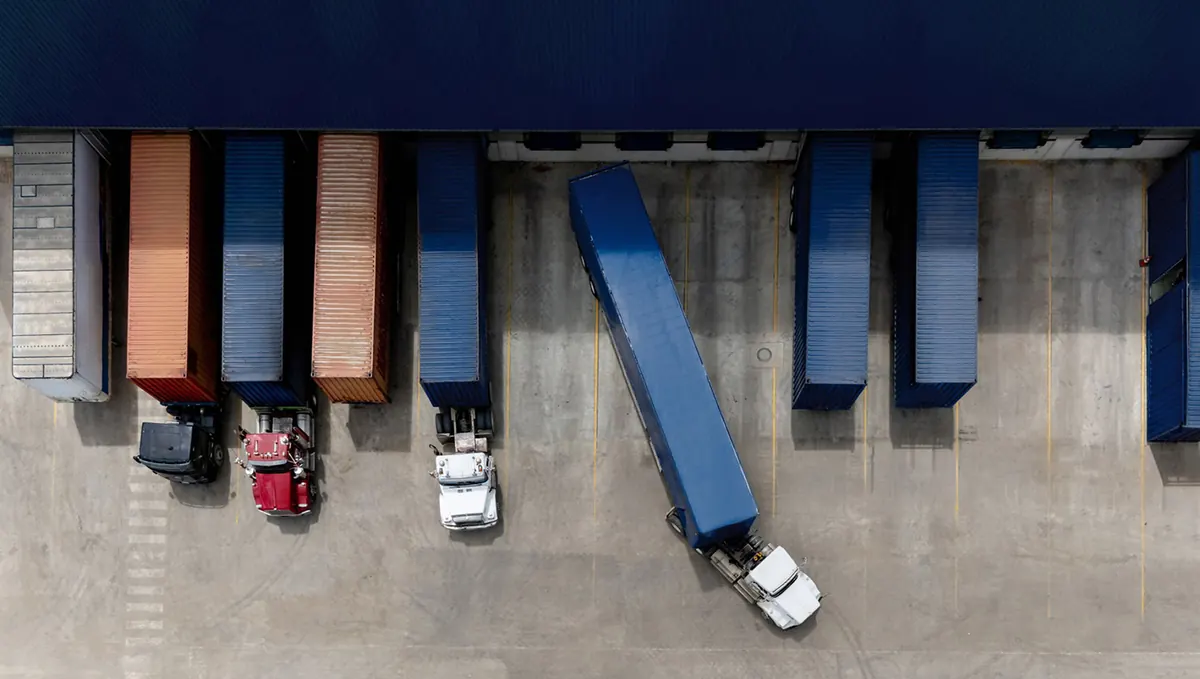Vista aérea de patio logístico y andenes de carga con tractocamiones.
