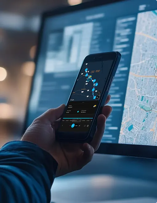 Dashboard de telemetría y rastreo GPS visible en un teléfono móvil.